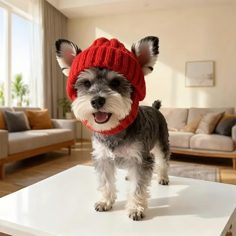 Red Wool Knit Dog Beanie with Ear Flaps